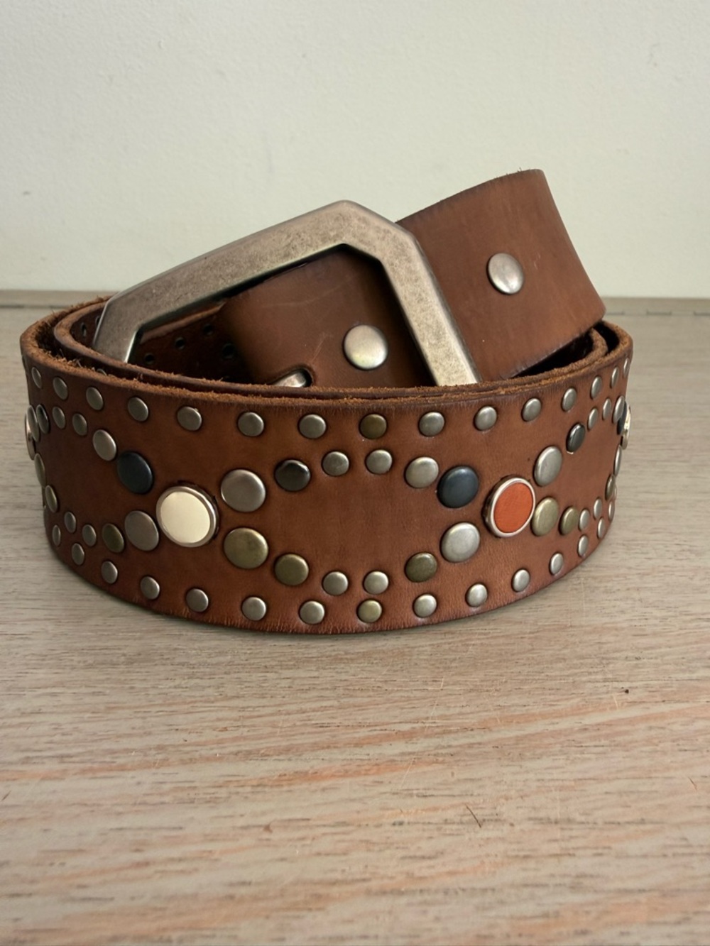 Linea Pelle Collection Wide Studded Western Leather Belt Boho Solid Brass Sz 38